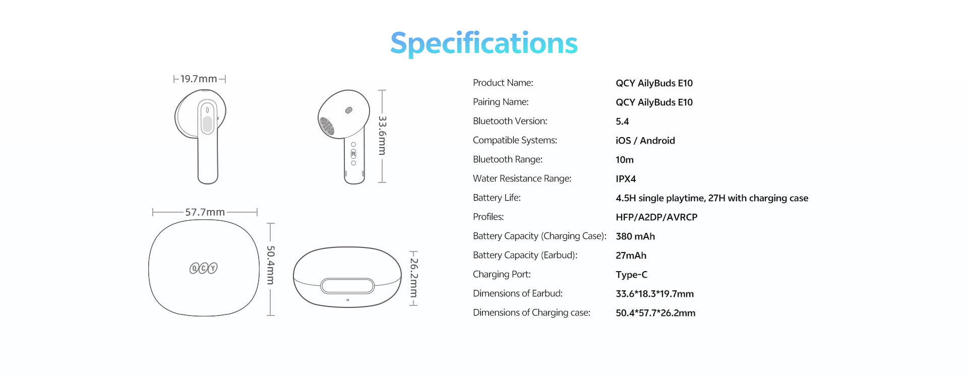Auriculares Bluetooth QCY AilyBuds E10 com estojo de carregamento, à prova de água IPX4, Bluetooth 5.4, bateria de 4,5h, compatíveis com iOS e Android