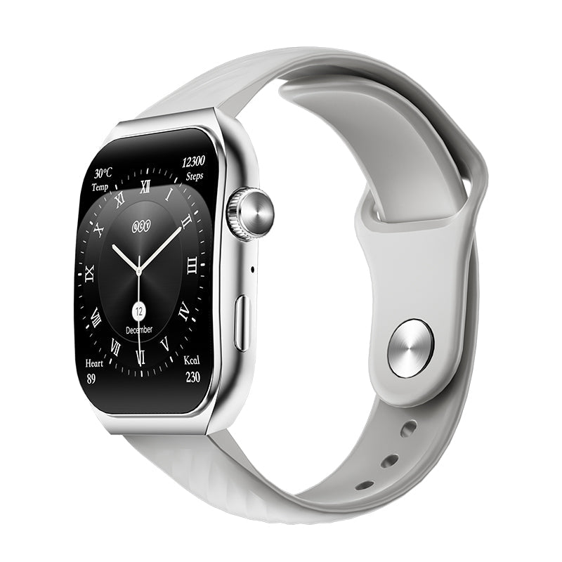 Relógio QCY GS2 branco com ecrã elegante e design moderno, que mostra a hora, a data e dados de saúde