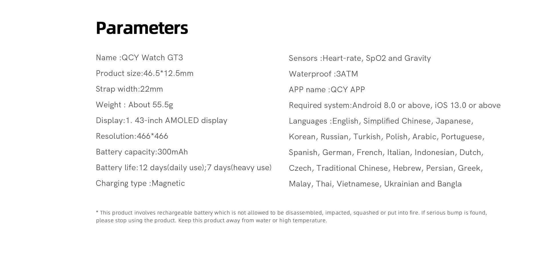 Smartwatch QCY Watch GT3: Ecrã AMOLED de 1,43", bateria para 12 dias, resistente à água, sensor de frequência cardíaca e SpO2.