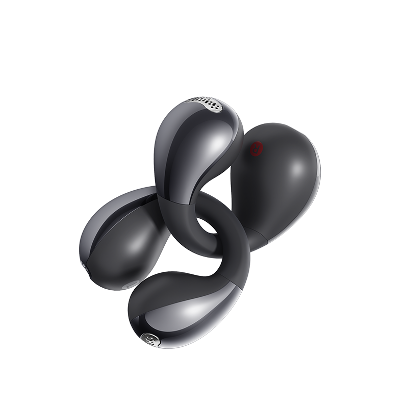 QCY Crossky C30S auricular Open-Ear preto em plano aproximado, mostrando o design Open-Ear em forma de anel