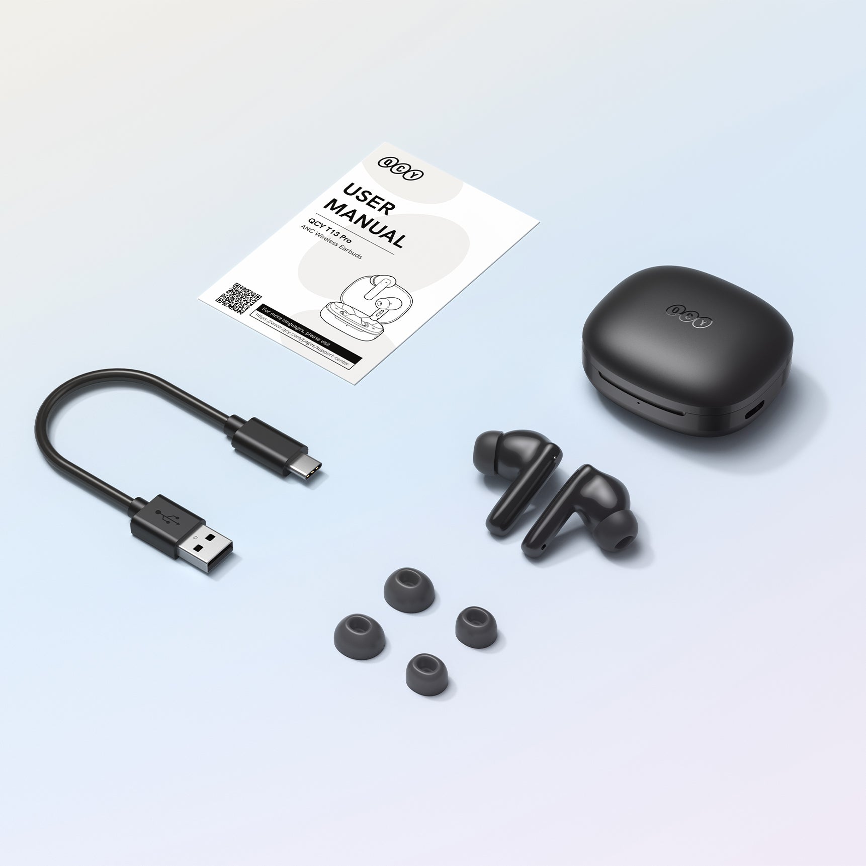 Auriculares Bluetooth QCY T13 Pro com estojo de carregamento, cabo USB-C e pontas de silicone de substituição – conjunto completo para uma experiência auditiva ótima