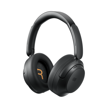 Auscultadores QCY H3S Over-Ear sem fios pretos, vista frontal com logótipo R laranja na concha auricular direita, certificado Hi-Res.