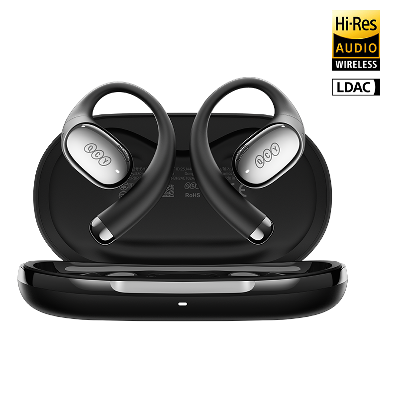 QCY Crossky R70 auriculares abertos pretos com suporte auricular, no estojo de carregamento aberto, com certificação Hi-Res Audio Wireless e LDAC