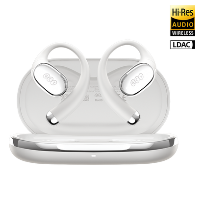 QCY Crossky R70 auriculares abertos brancos com suporte auricular no estojo de carregamento aberto, com certificação Hi-Res Audio Wireless e LDAC