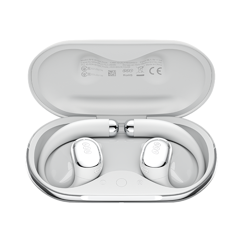 QCY Crossky R70 auriculares abertos brancos com suporte auricular totalmente abertos na caixa de carregamento, vista superior