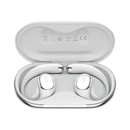 QCY Crossky R70 auriculares abertos brancos com suporte auricular totalmente abertos na caixa de carregamento, vista superior