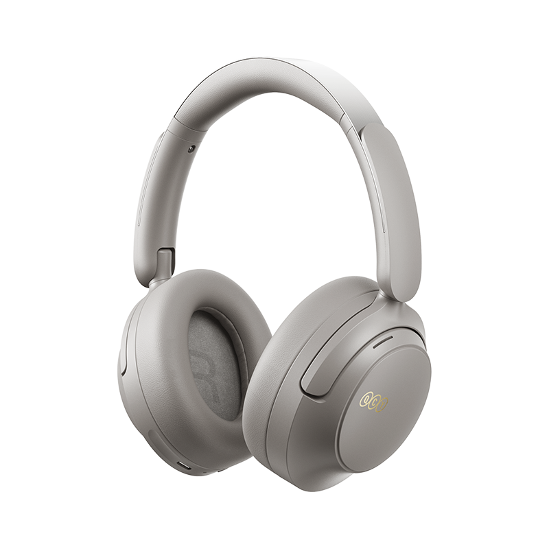 Auscultadores QCY H3S sem fios cinzentos, vista frontal, logótipo cinzento "R" na concha auricular direita.