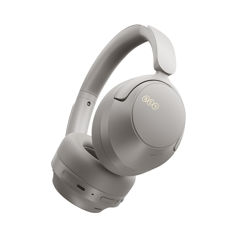 Auscultadores sem fios QCY H3S Over-Ear cinzentos, vista de 45 graus da direita, detalhes de design ergonómico.