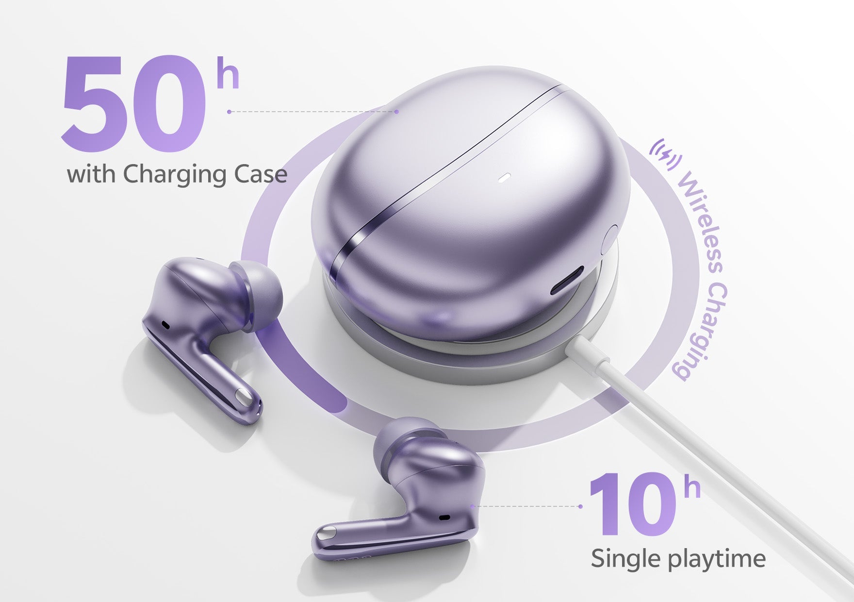 Auriculares sem fios lilás com estojo de carregamento: 50h de autonomia, 10h de reprodução individual, carregamento sem fios.