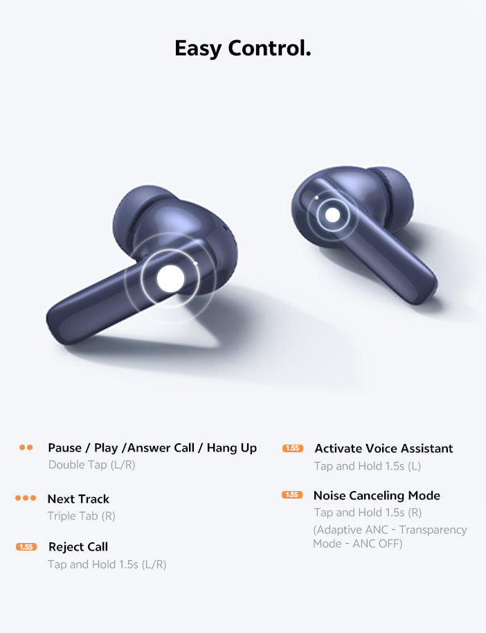 Auriculares Bluetooth com controlos táteis simples: pausa, faixa seguinte, atendimento de chamadas e cancelamento de ruído.