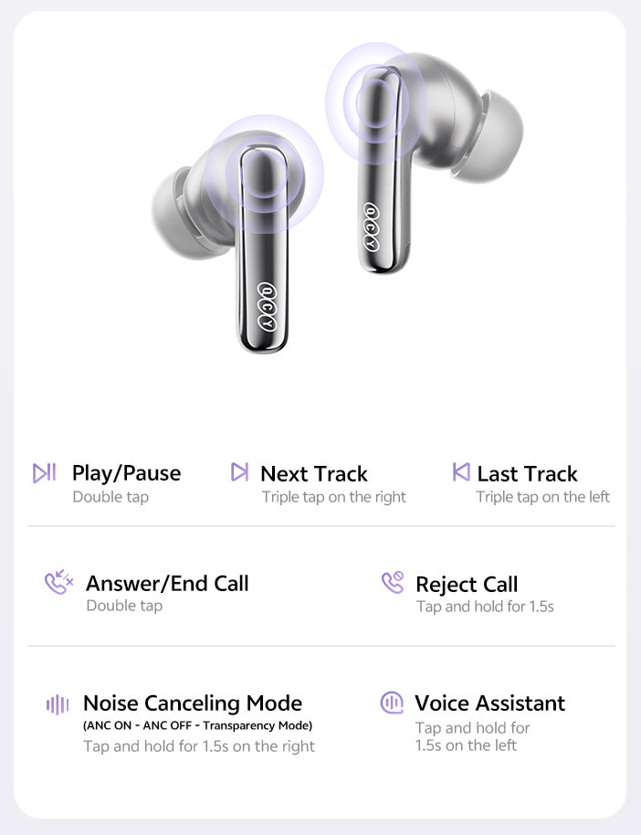 Auriculares intra-auriculares sem fios prateados com controlo tátil: toque duplo para reproduzir/pausar, toque triplo para mudar de faixa, manter pressionado