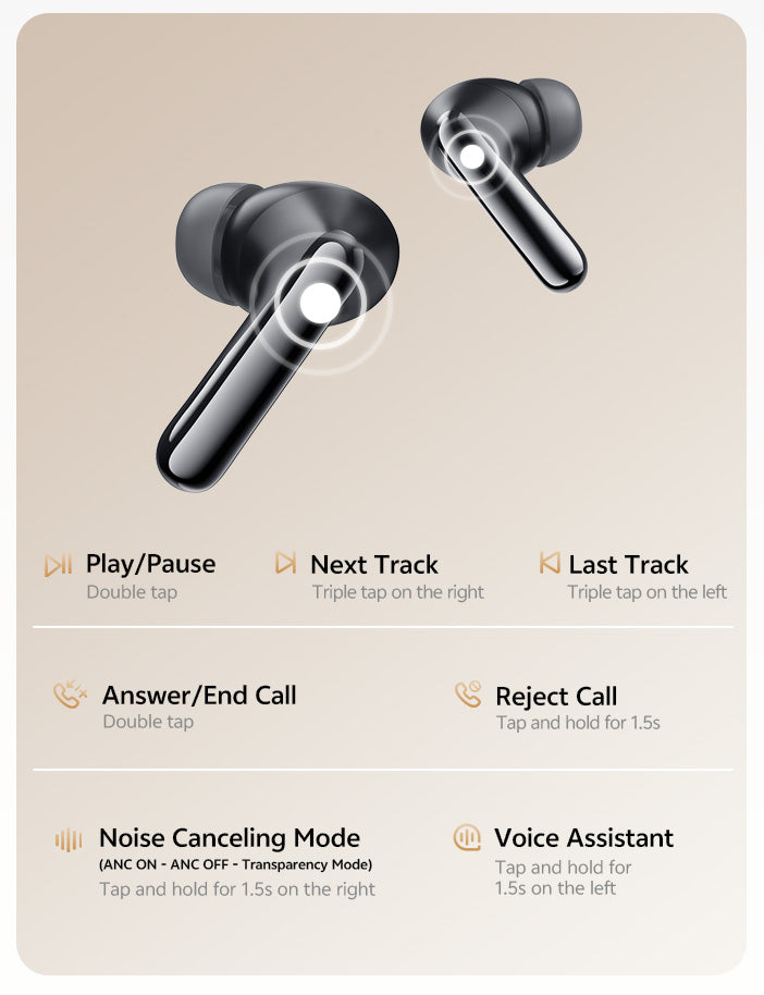 Auriculares True Wireless pretos com ANC, controlo por toque e assistente de voz.