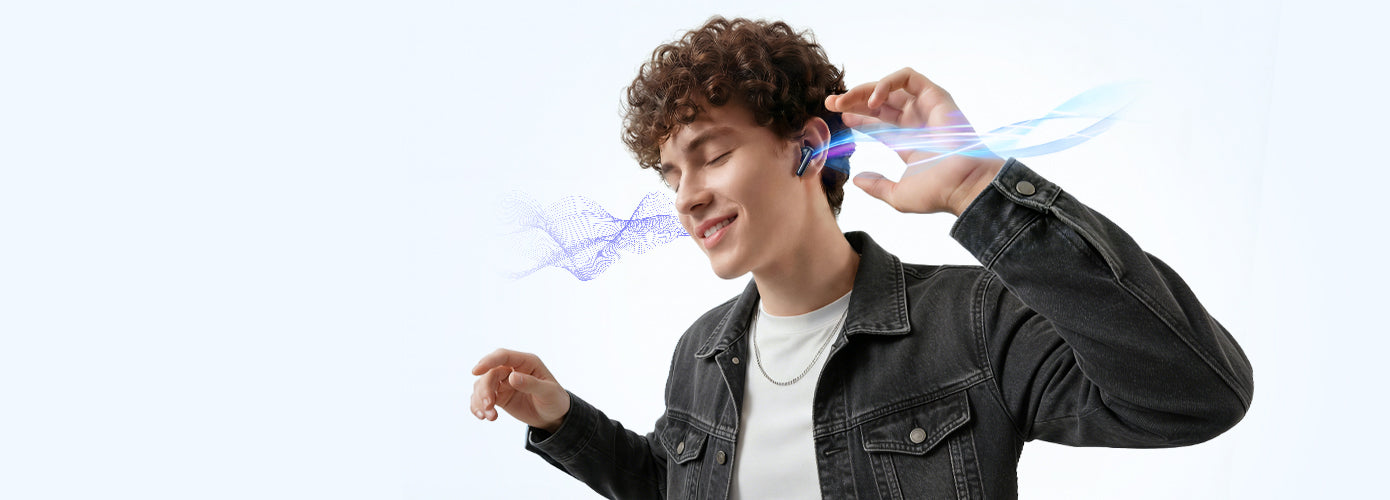 Homem com auscultadores sem fios, a desfrutar de música, ondas azuis luminosas visualizam o som.