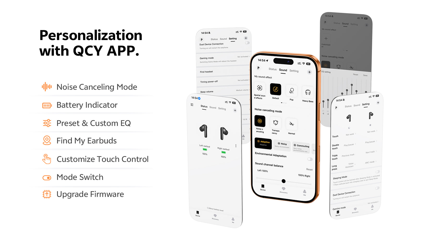 QC Y-App: Personalização com cancelamento de ruído, ajuste de EQ e controlo tátil para auscultadores sem fios.