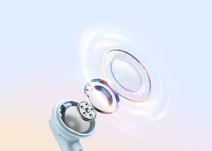Auricular sem fios com cápsula aberta e altifalante flutuante, design moderno com efeitos luminosos.