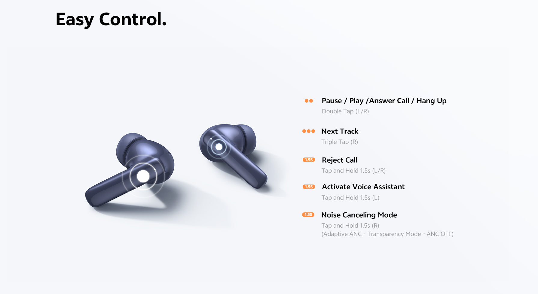 Auriculares Bluetooth com controlo tátil: pause, próxima faixa, atendimento de chamadas e cancelamento de ruído com um toque.