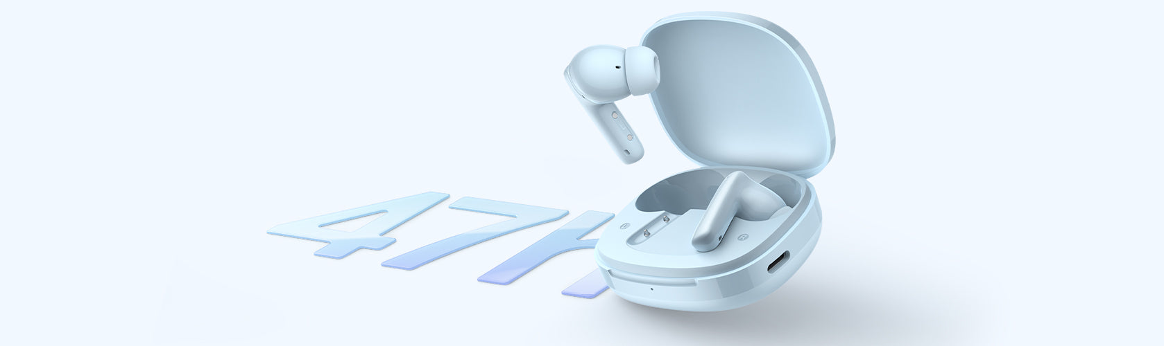 Auriculares Bluetooth de cor azul claro, estojo de carregamento aberto com uma peça auricular retirada, 47K ao fundo