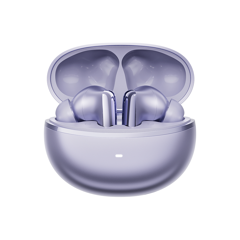 QCY MeloBuds N70 Lilás: Estojo aberto em perspetiva, bateria de 50 h, Bluetooth 6.0