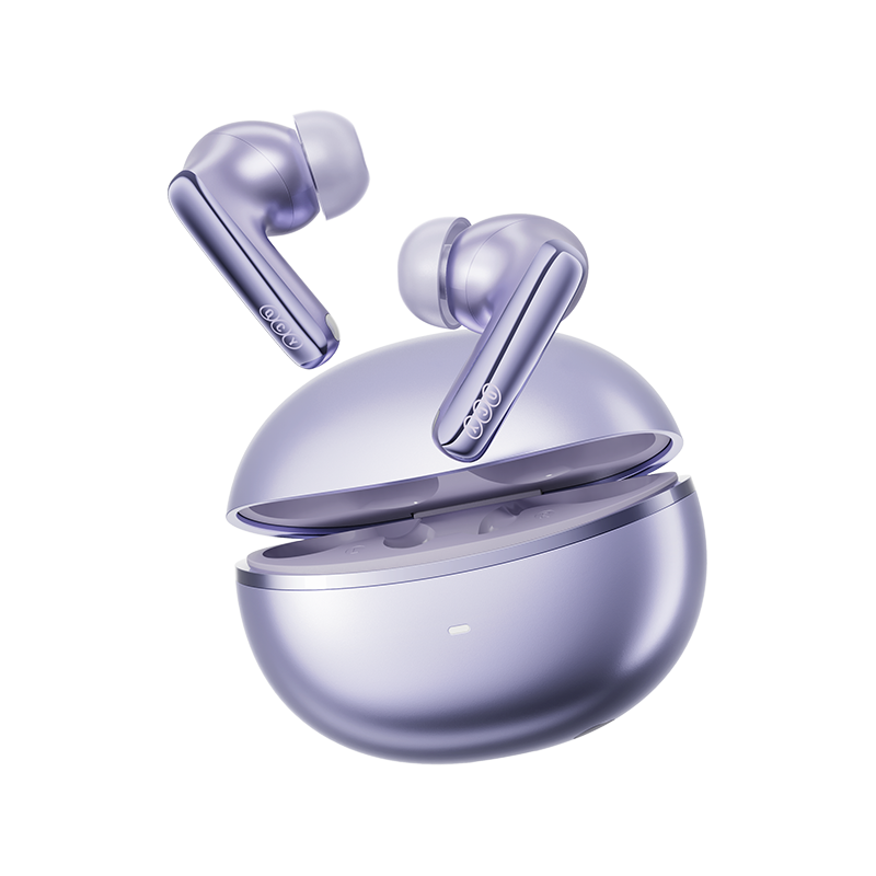QCY MeloBuds N70 Lila: Estojo aberto com drivers duplos e áudio Hi-Res