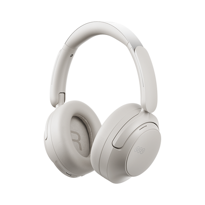 Auriculares sem fios QCY H3S brancos, vista frontal, logótipo cinzento "R" em destaque na concha auricular direita.