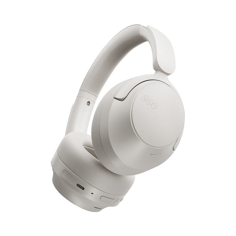 Auriculares sem fios QCY H3S Over-Ear brancos, vista de 45 graus da direita com almofadas acolchoadas.